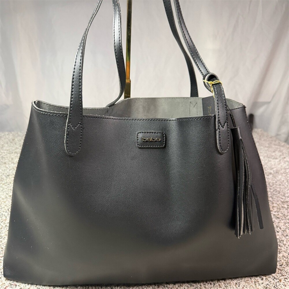 bebe Tote Shoulder Bag Womens Large Black Tassel Charm Gold Logo Plaque